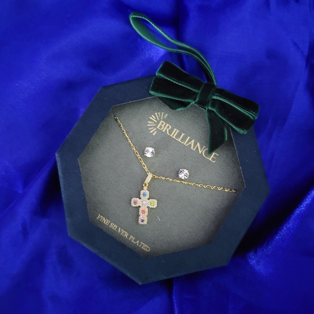 Brilliance Gold-Tone Cross Necklace with Multicolor Stones